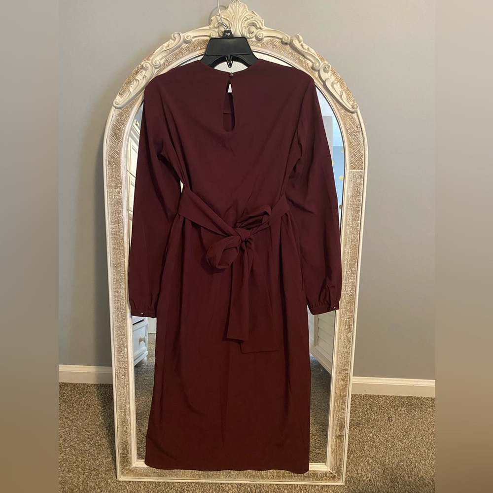 Tie front long sleeve midi dress in wine - Picture 5 of 5